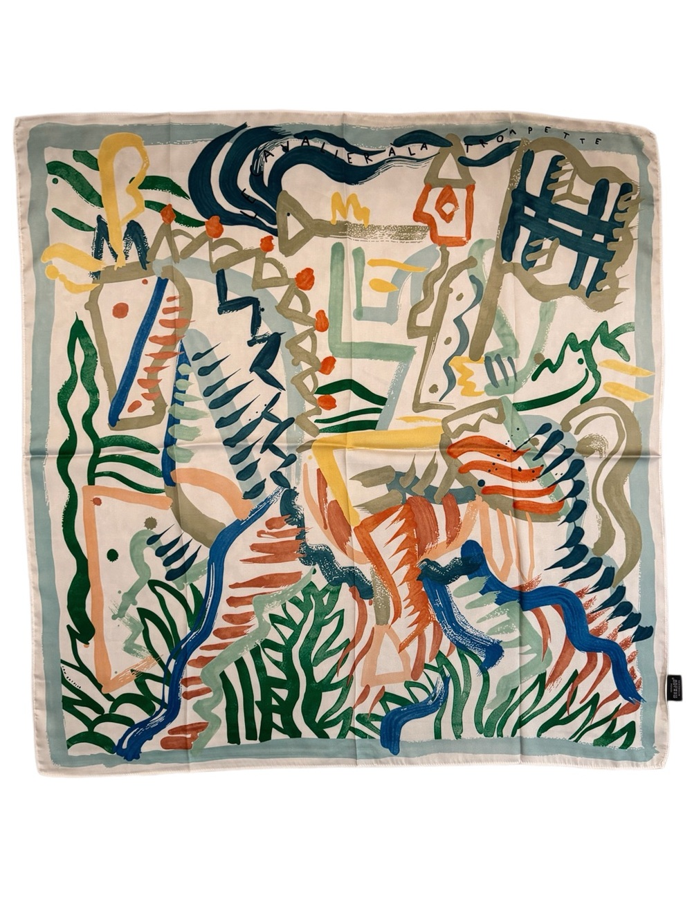 Designer-style 90cm Silk Scarf with Painterly Motif - green edge